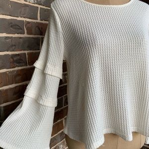 Waffle Knit White Trumpet Sleeve Top - Medium